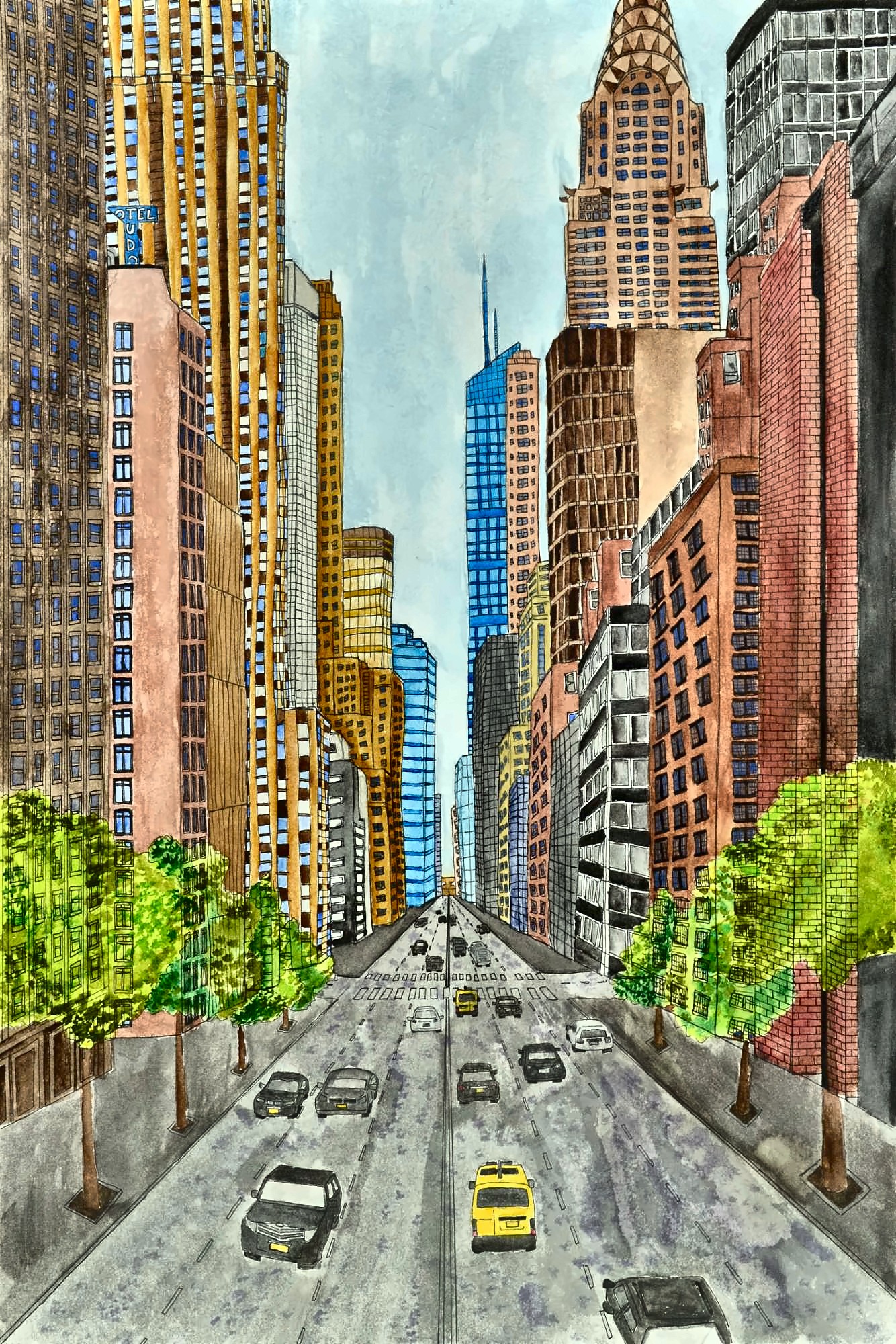 42nd Street: looking down a Manhattan avenue toward the Chrysler Building, watercolor over ink by Abbey Chayrigues
